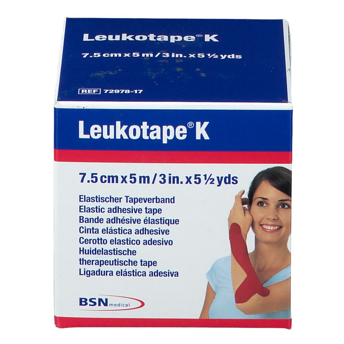 Blauwe doos Leukotape K. Afmetingen: 7,5cm x 5m. Vrouw met rode tape op arm. BSN medical logo.