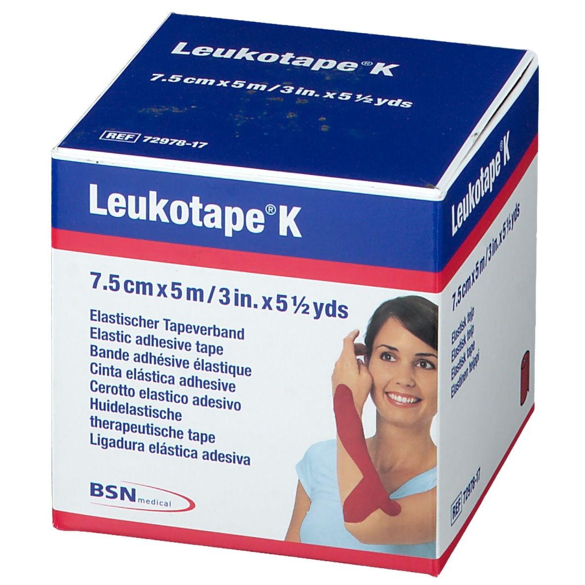 Blauwe doos Leukotape K. Afmetingen: 7,5cm x 5m. Vrouw met rode tape op arm. BSN medical logo.