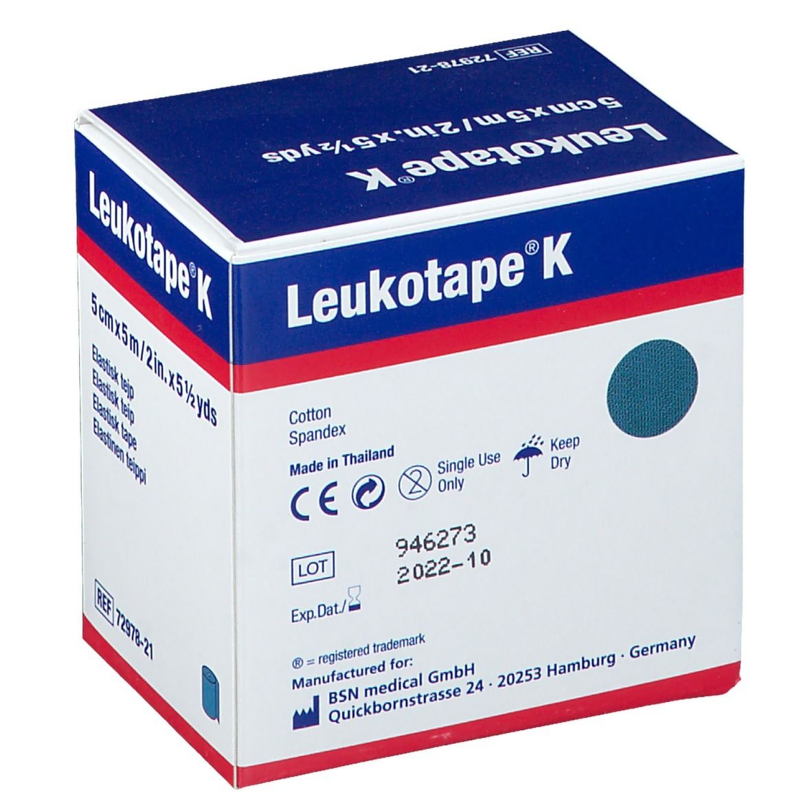 Verpackung von Leukotape® K. Aufdruck: 5 cm x 5 m/2 in. x 5 1/2 yds. Angaben zu Material, Hersteller, Chargennummer und Haltbarkeit.
