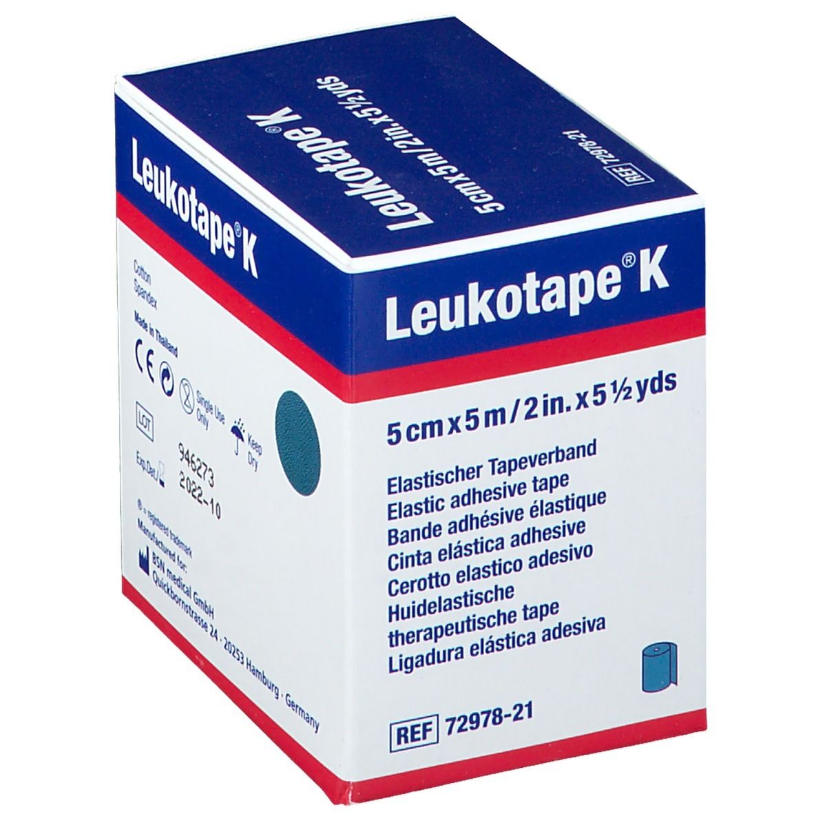 Verpackung von Leukotape® K. Aufdruck: 5 cm x 5 m/2 in. x 5 1/2 yds. Angaben zu Material, Hersteller, Chargennummer und Haltbarkeit.