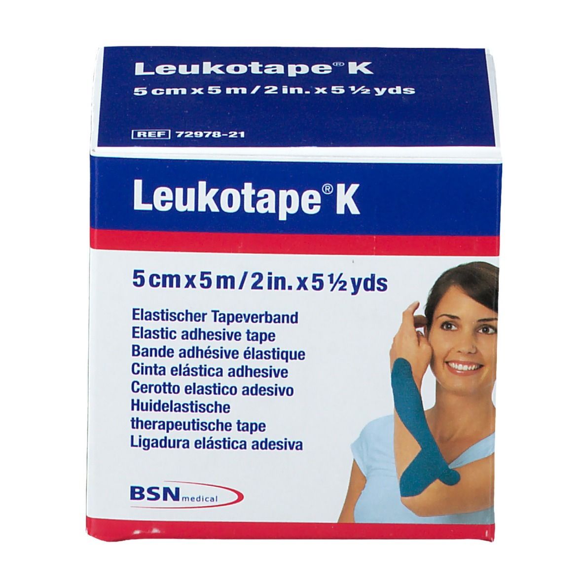 Blau-weiße Verpackung von Leukotape® K. Aufdruck: 5 cm x 5 m/2 in. x 5 1/2 yds. Abbildung einer Frau mit blauem Tape am Arm.