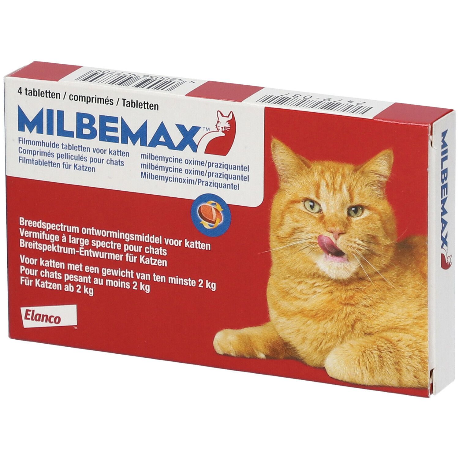 Boîte Milbemax Chats avec chat. Boîte rouge avec 4 comprimés. Texte : Milbemax, Elanco.