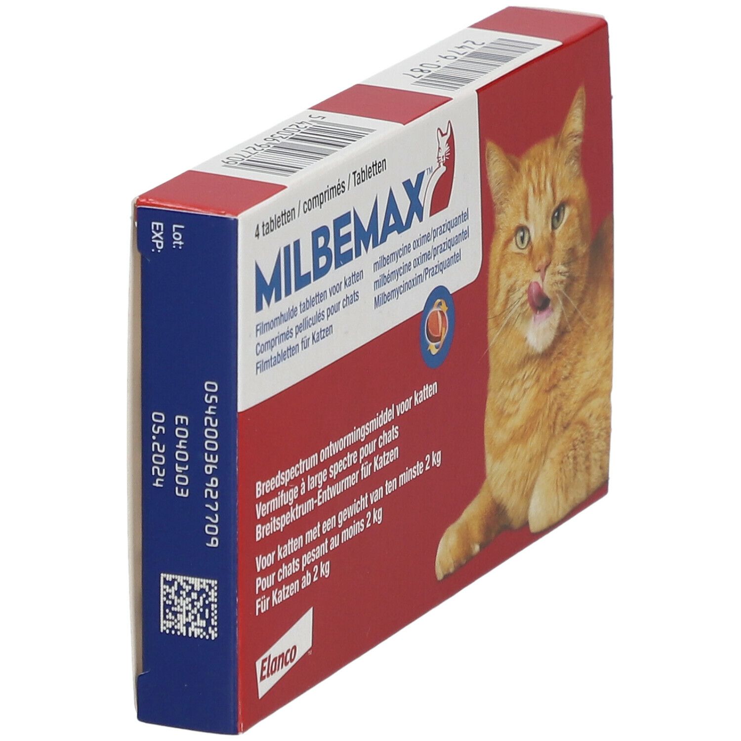 Boîte Milbemax Chats en biais. Boîte rouge avec 4 comprimés. Texte : Milbemax, Elanco. Date d'expiration.