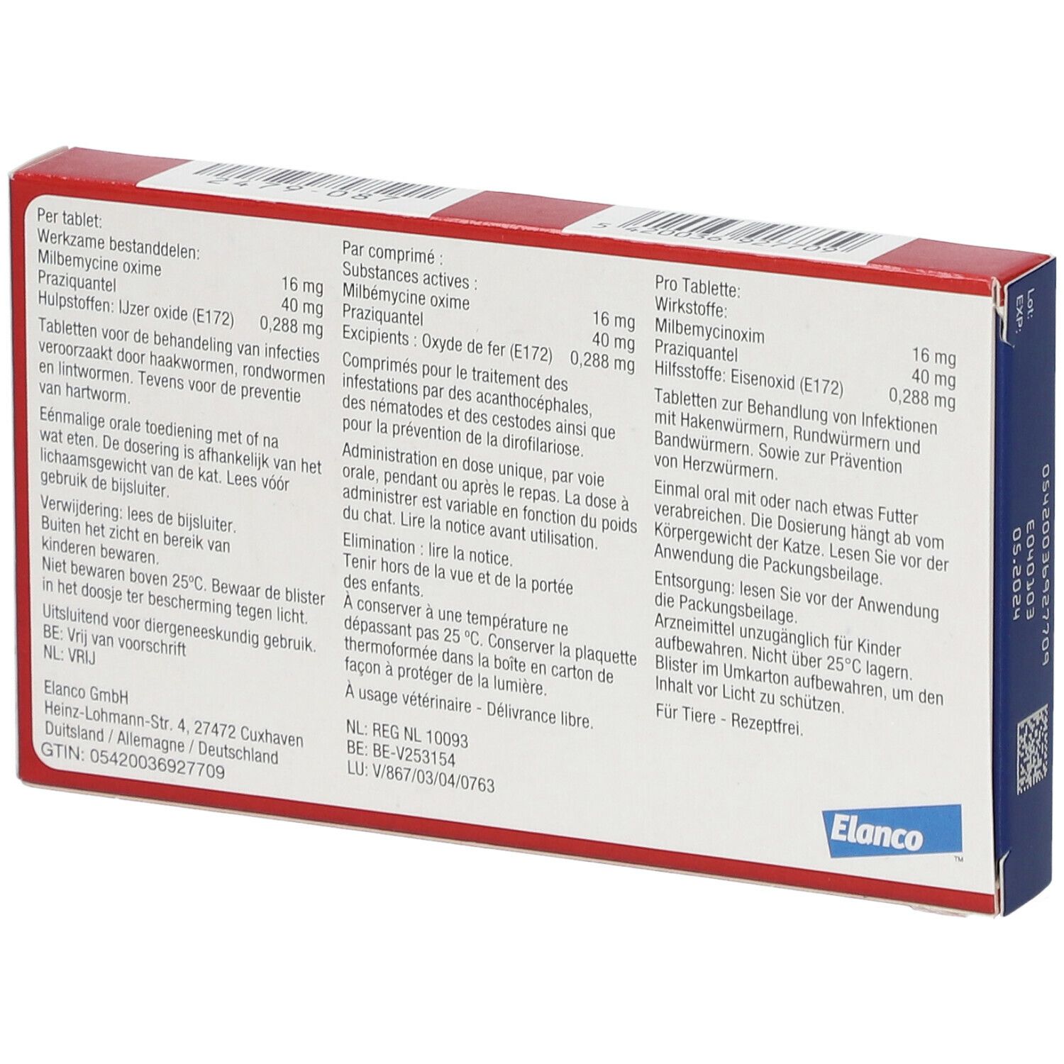 Dos de la boîte Milbemax Chats. Texte en allemand, français et néerlandais. Ingrédients, dosage.