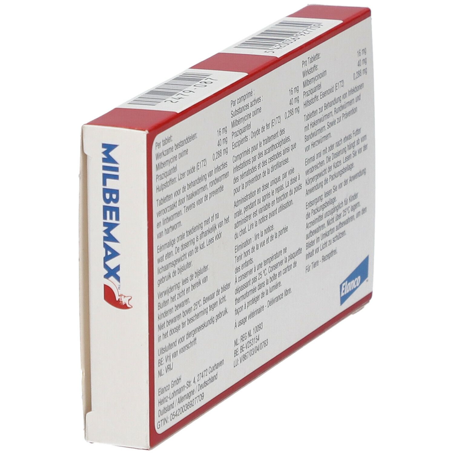 Boîte Milbemax Chats, en biais. Boîte rouge avec texte : Milbemax, Elanco. Dos avec texte.