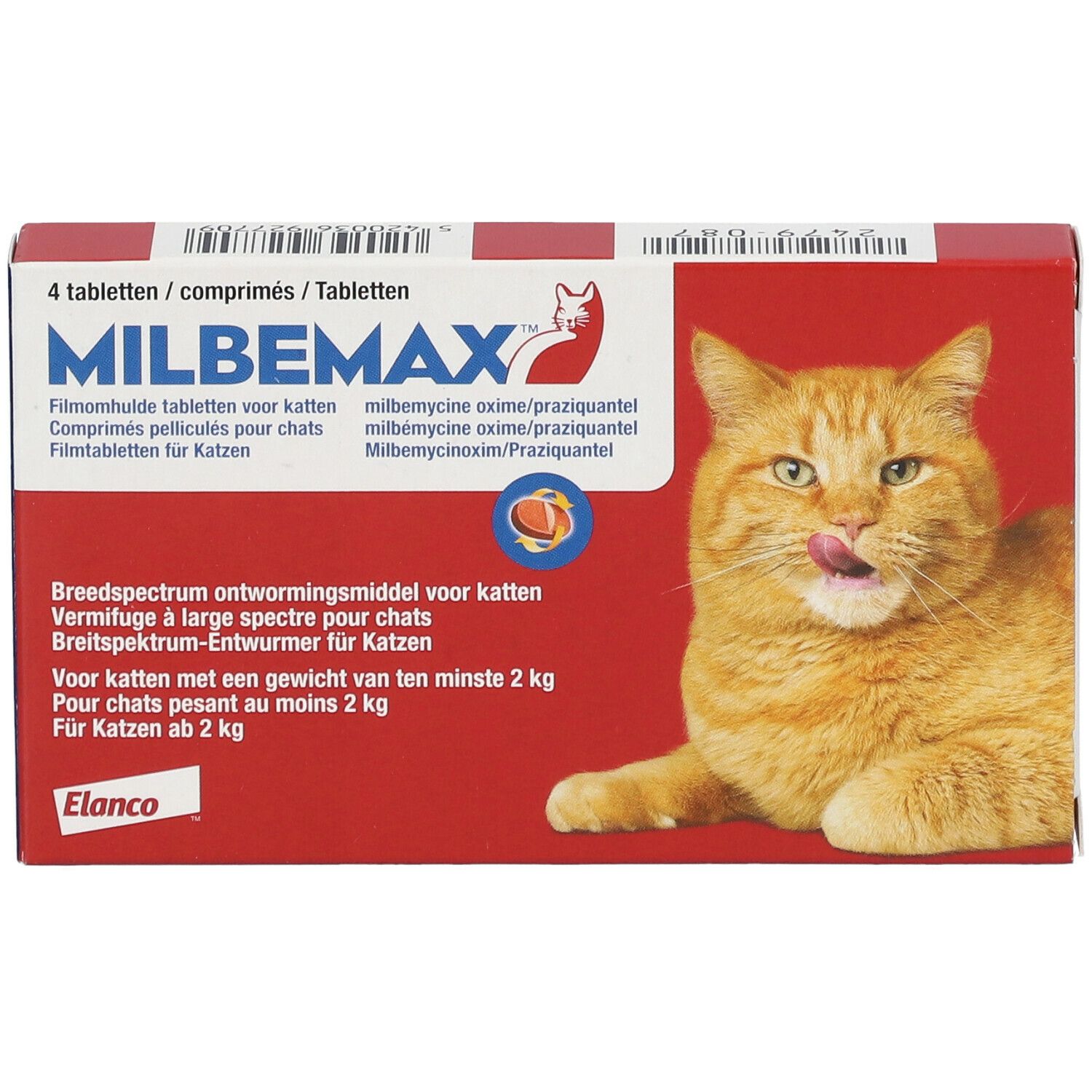 Boîte Milbemax Chats avec chat. Boîte rouge avec 4 comprimés. Texte : Milbemax, Elanco.