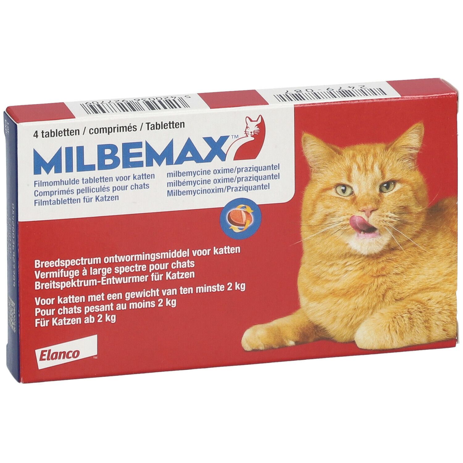 Boîte Milbemax Chats avec chat. Boîte rouge avec 4 comprimés. Texte : Milbemax, Elanco.