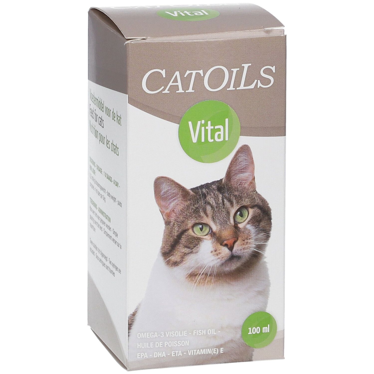 Kartonverpackung CATOILS Vital. Abbildung einer Katze. 100 ml Flasche. Omega-3 Visolie - Fischöl.