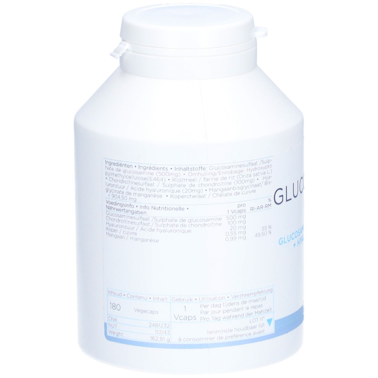 Flacon blanc avec bouchon. Inscriptions: Ingrédients, informations nutritionnelles, 180 Vcaps. Texte multilingue. Ligne horizontale bleue.