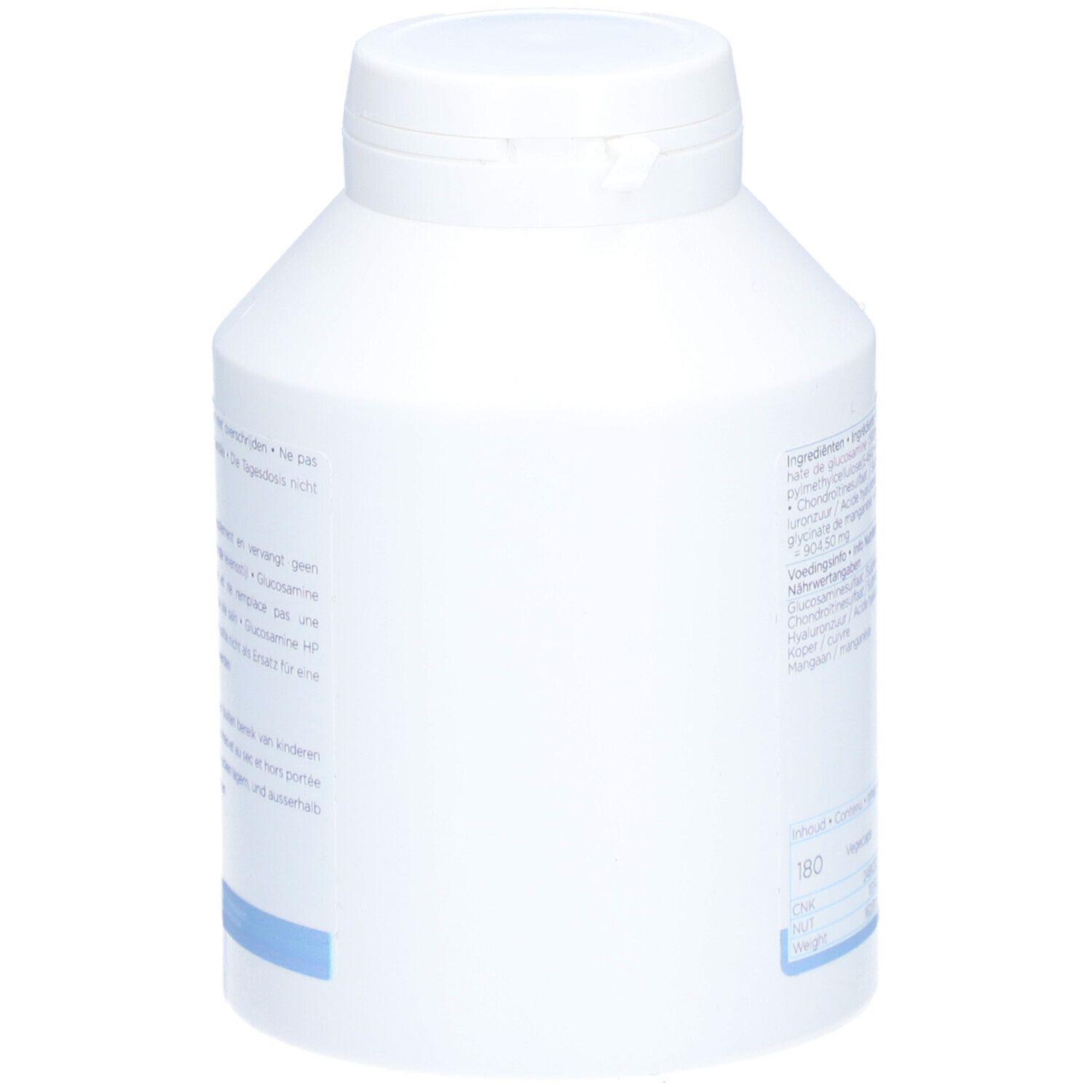 Flacon blanc avec bouchon. Texte multilingue. Ligne horizontale bleue. 180 Vcaps.