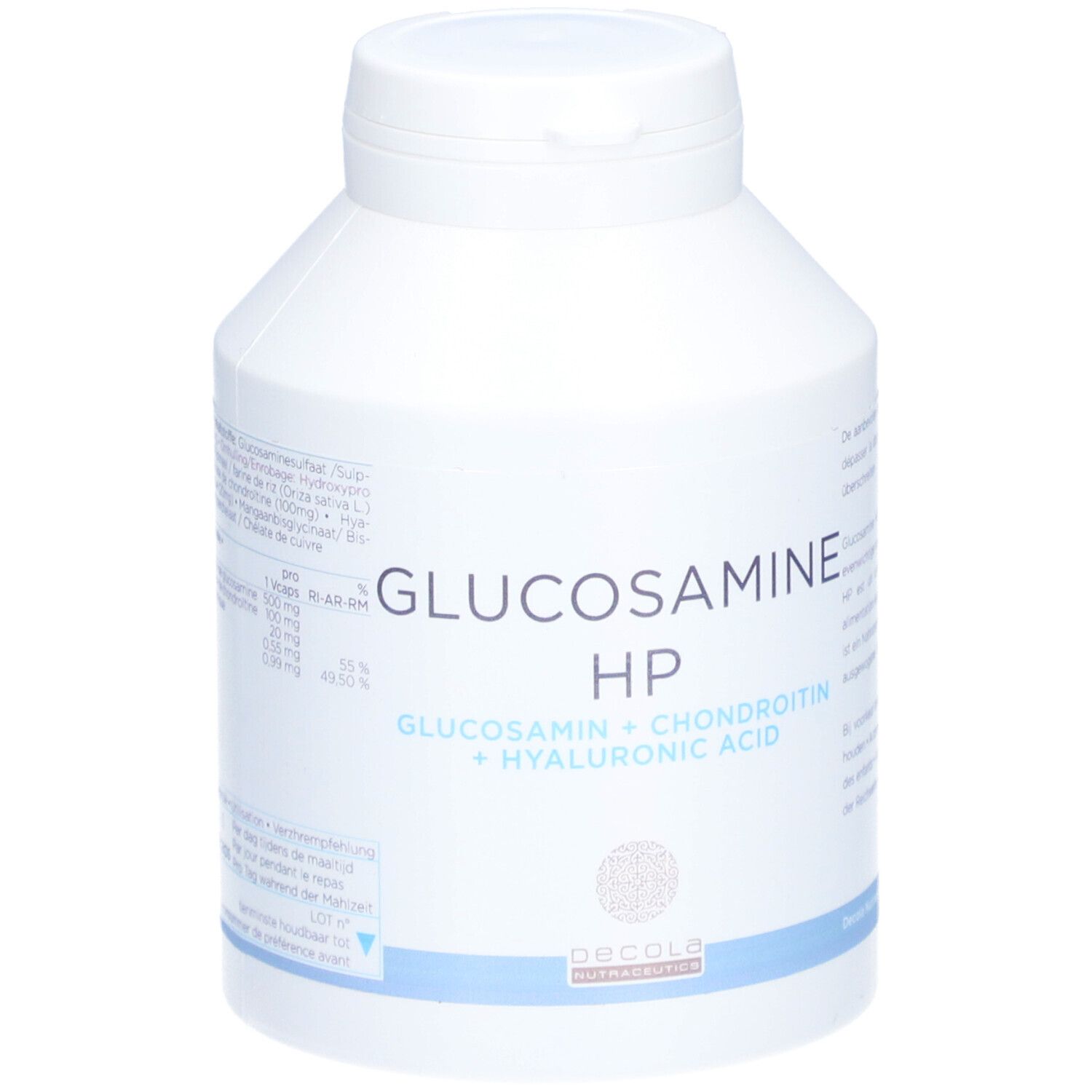 Flacon blanc avec bouchon. Inscription: Glucosamine HP, Glucosamine + Chondroïtine + Acide hyaluronique. Logo Decola Nutraceutics.