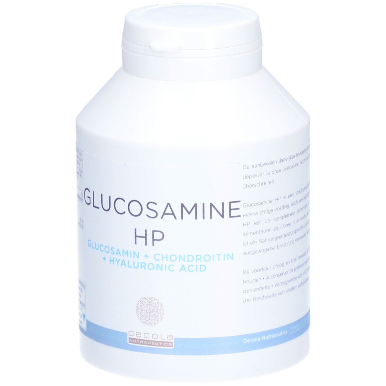 Flacon blanc avec bouchon. Inscription: Glucosamine HP, Glucosamine + Chondroïtine + Acide hyaluronique. Logo Decola Nutraceutics. Texte.