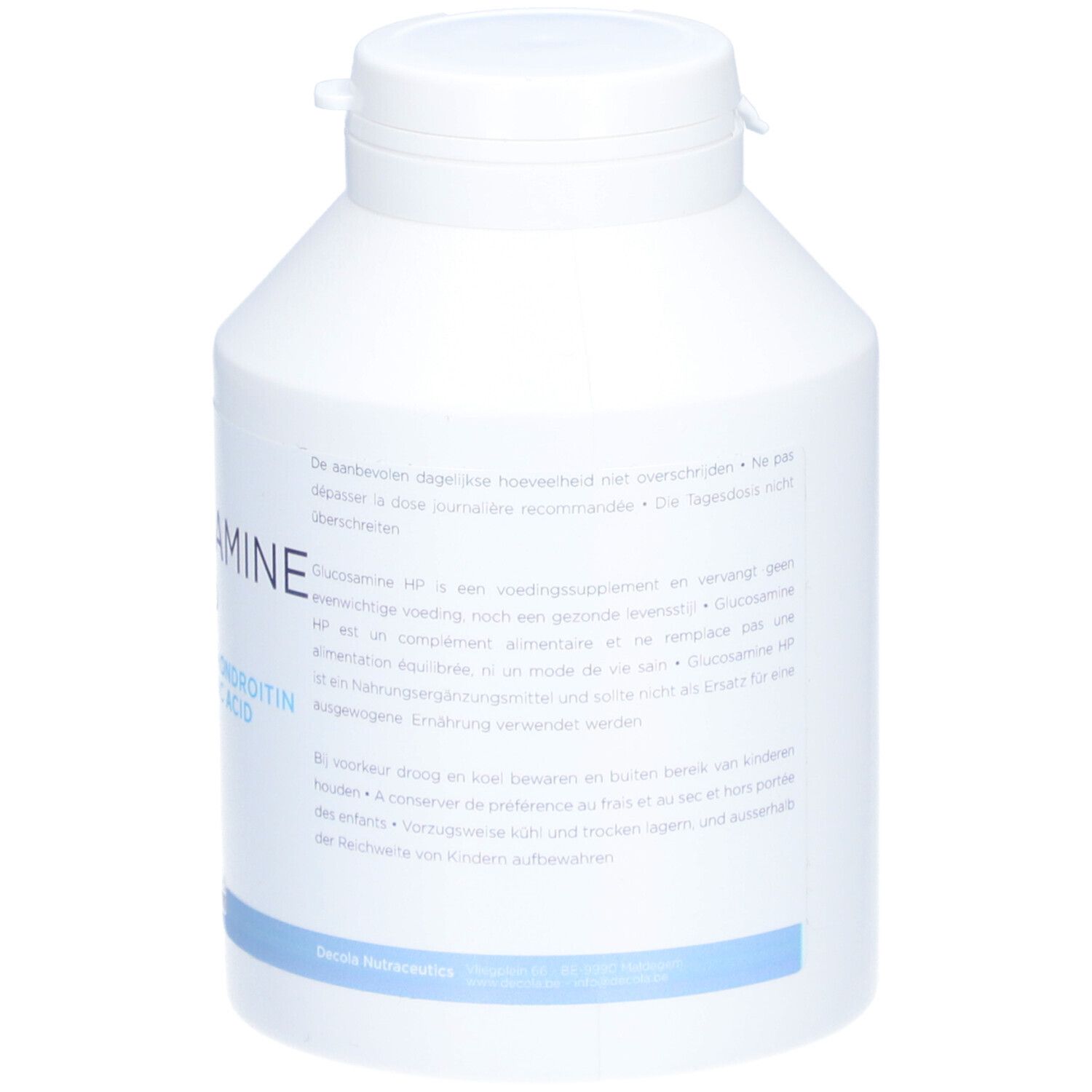 Flacon blanc avec bouchon. Texte multilingue. Ligne horizontale bleue. Logo Decola Nutraceutics.