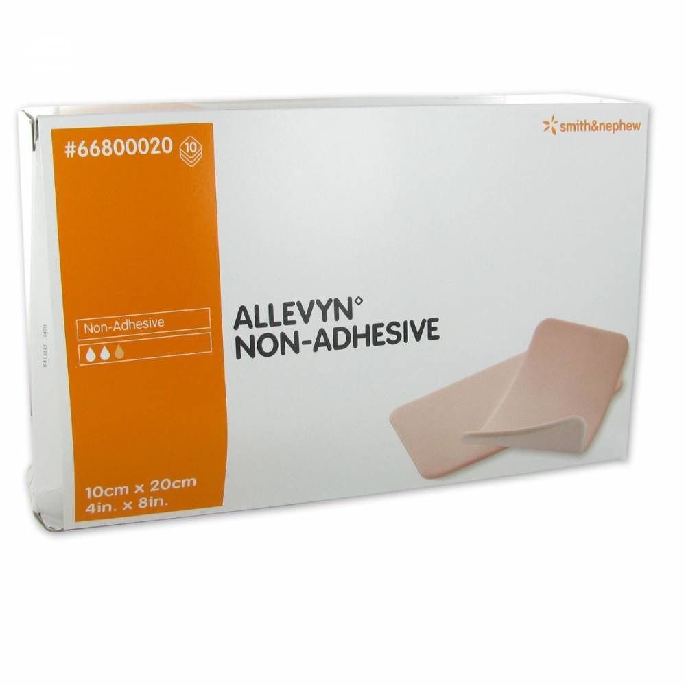 Confezione di medicazioni Allevyn Non-Adhesive. Contiene 10 medicazioni da 10cm x 20cm. Marchio Smith & Nephew.