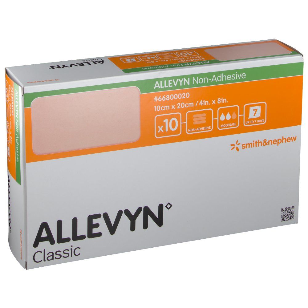 Confezione di medicazioni Allevyn Classic Non-Adhesive. Contiene 10 medicazioni da 10cm x 20cm. Marchio Smith & Nephew.