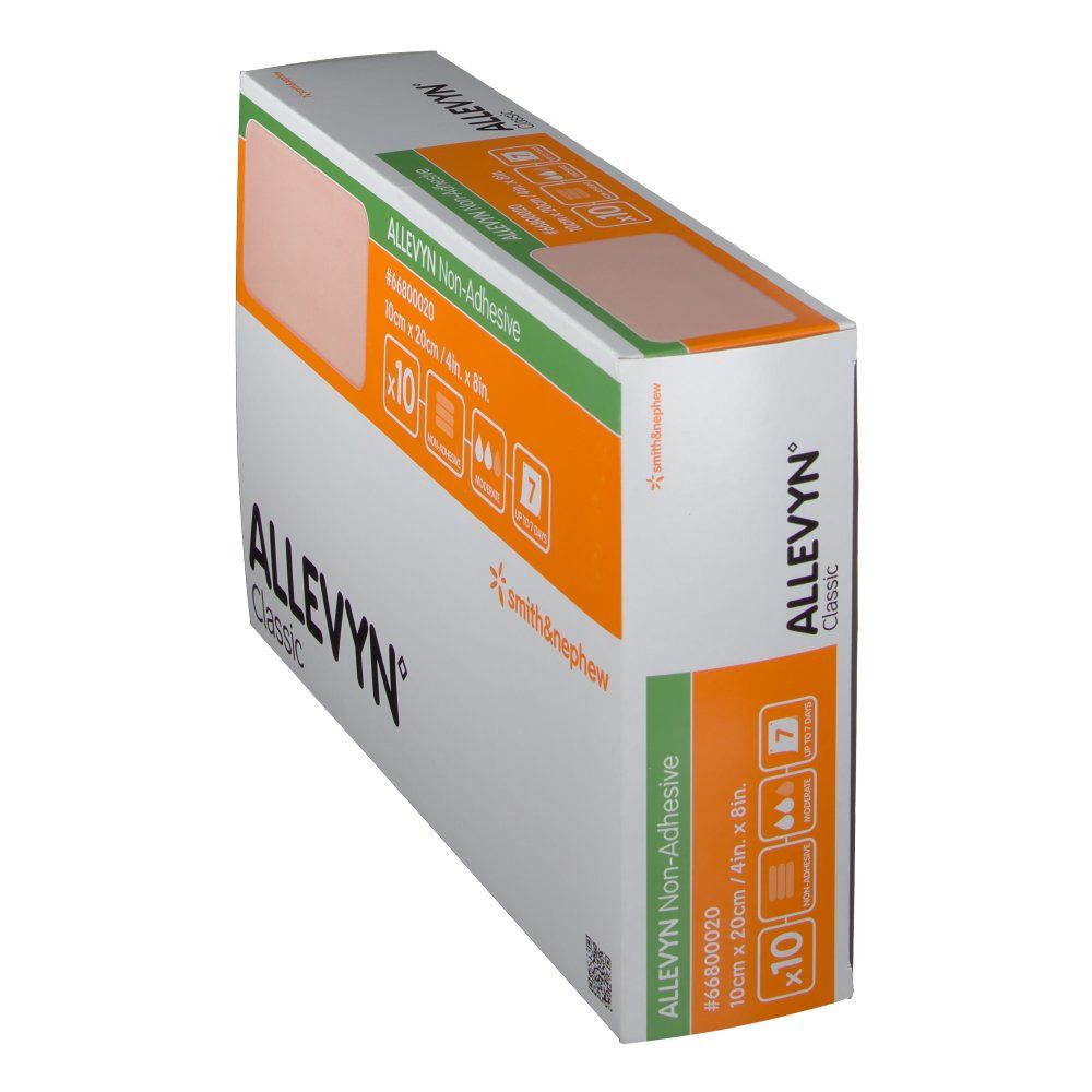Vista obliqua della confezione Allevyn Classic Non-Adhesive. Contiene 10 medicazioni da 10cm x 20cm. Marchio Smith & Nephew.
