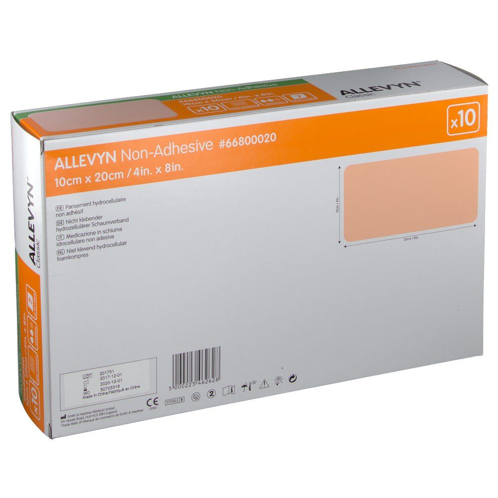 Retro della confezione Allevyn Non-Adhesive. Contiene 10 medicazioni da 10cm x 20cm. Marchio Smith & Nephew.