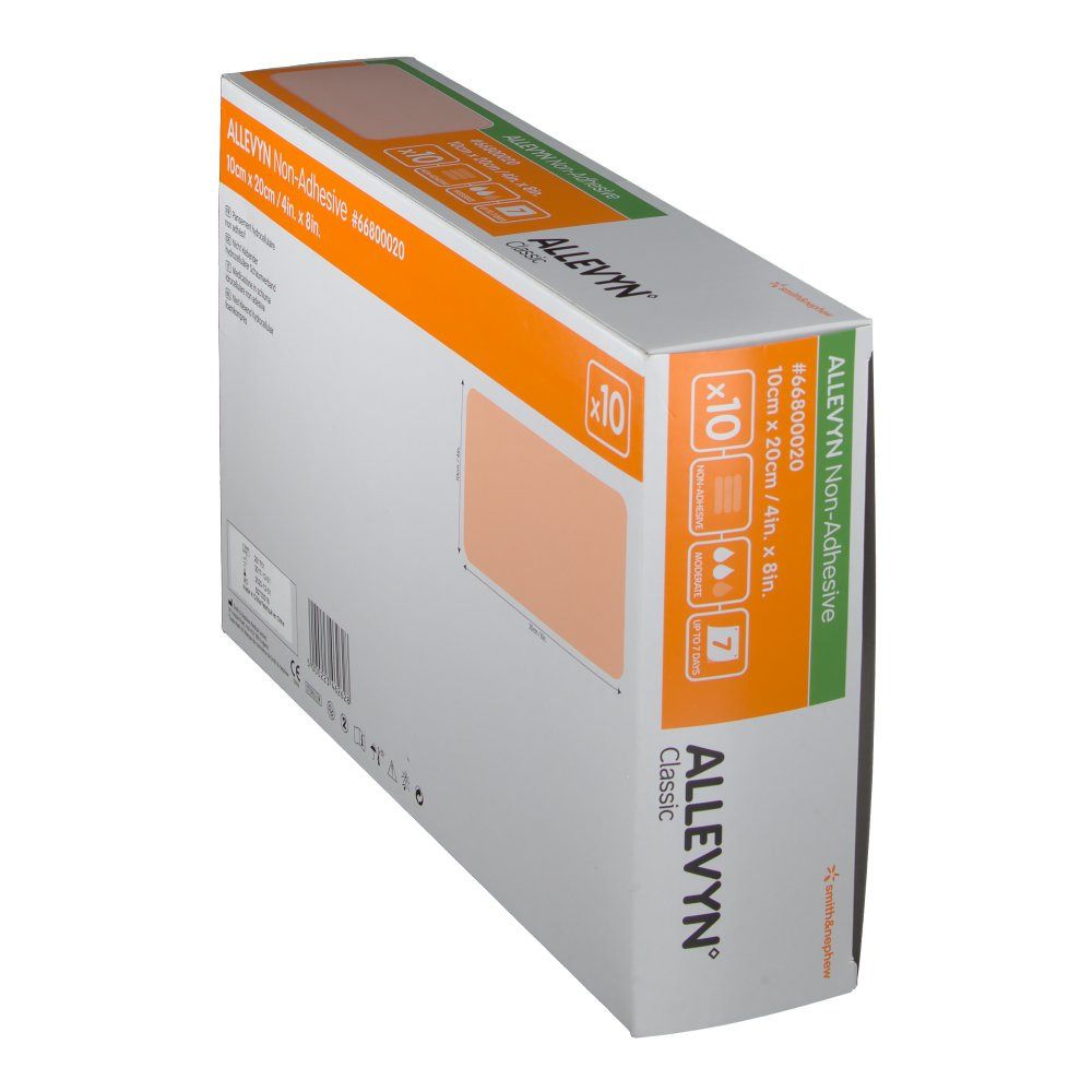 Vista obliqua della confezione Allevyn Classic Non-Adhesive. Contiene 10 medicazioni da 10cm x 20cm. Marchio Smith & Nephew.