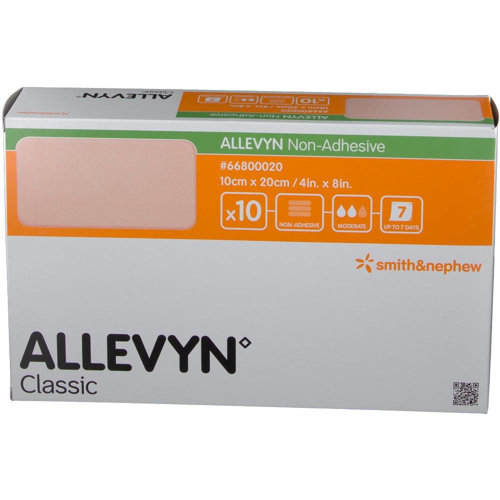 Confezione Allevyn Classic Non-Adhesive. Contiene 10 medicazioni da 10cm x 20cm. Marchio Smith & Nephew.