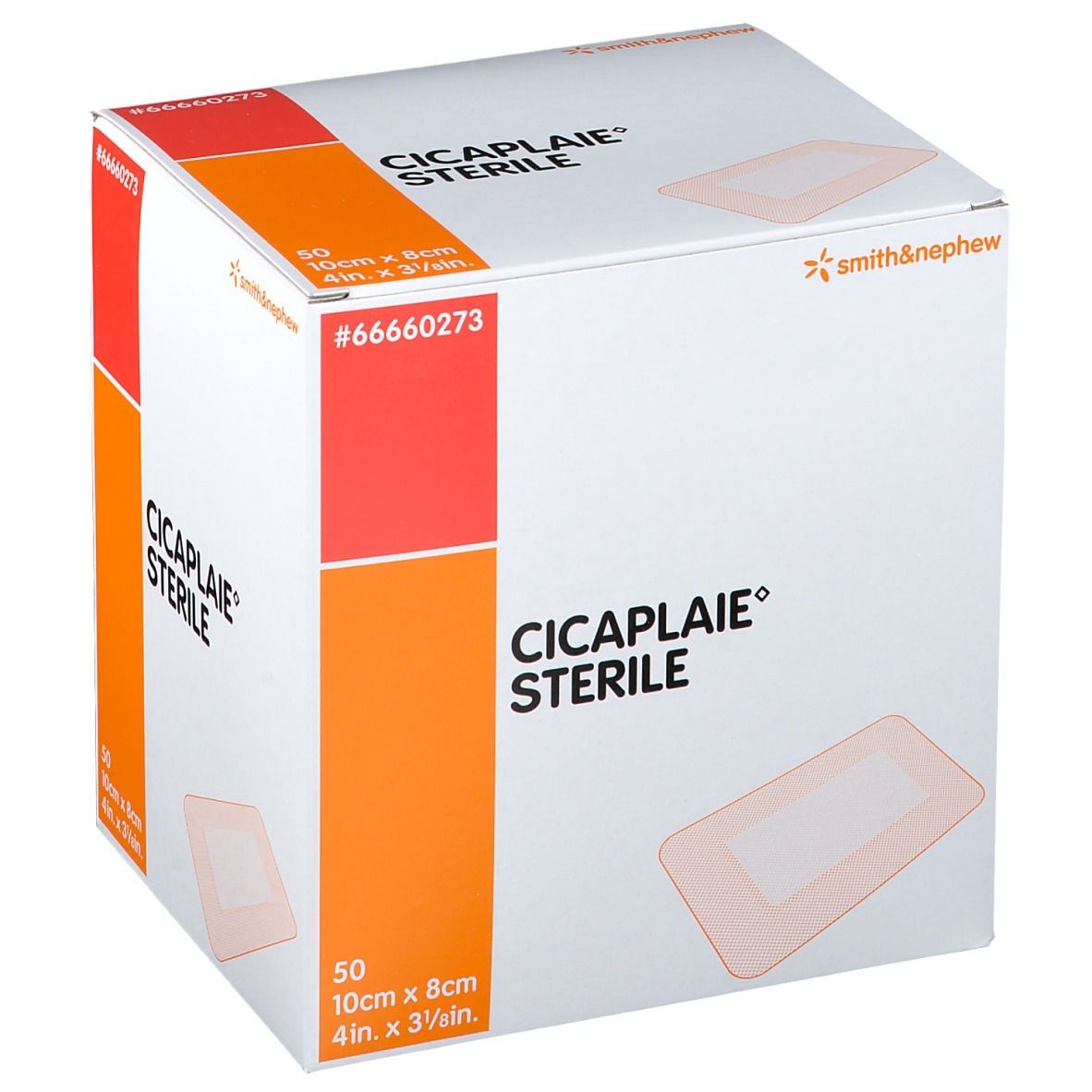 Boîte de CICAPLAIE STERILE. 50 unités, 10cm x 8cm. Marque Smith & Nephew. Image du produit sur l'emballage.