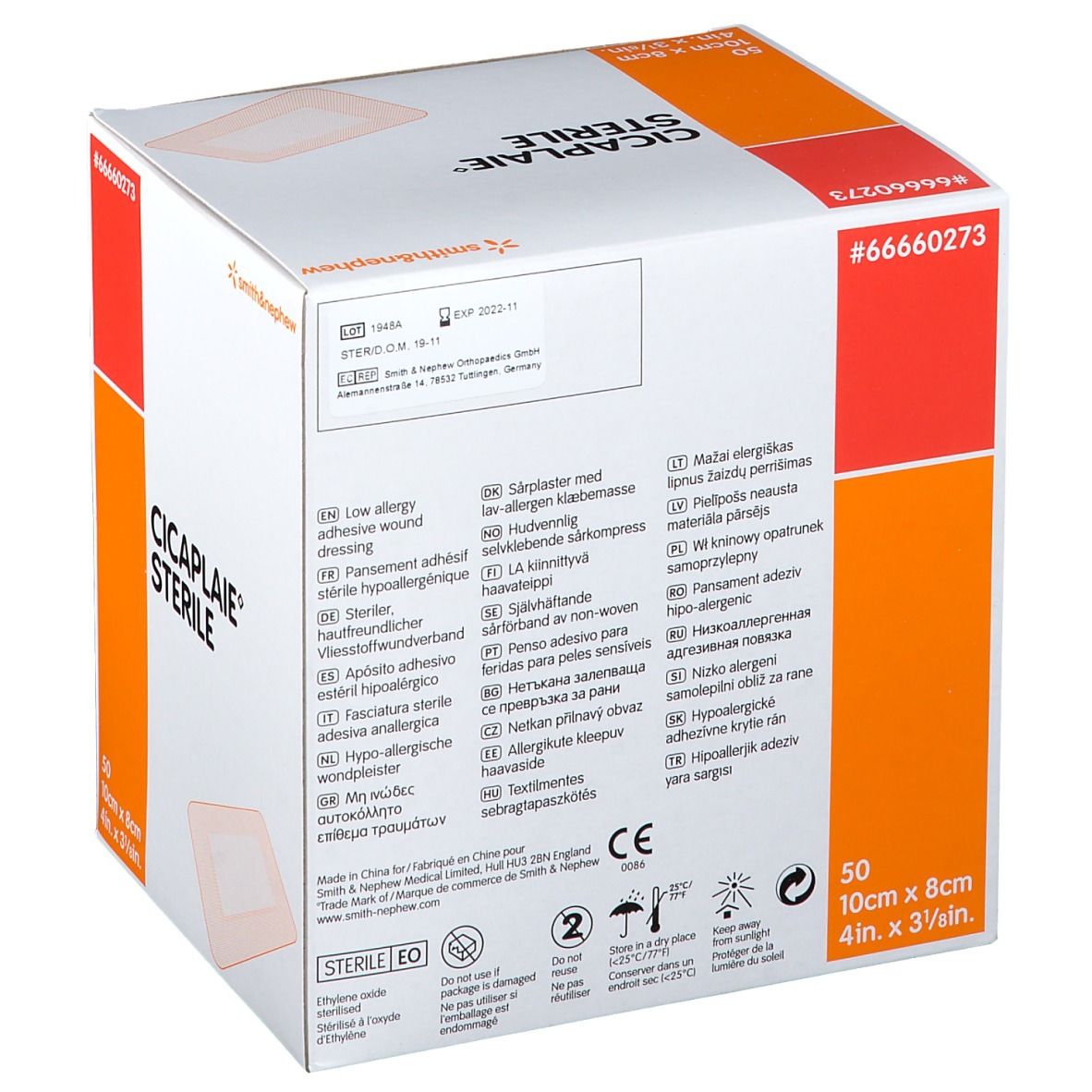 Boîte de CICAPLAIE STERILE. 50 unités, 10cm x 8cm. Marque Smith & Nephew. Informations multilingues.