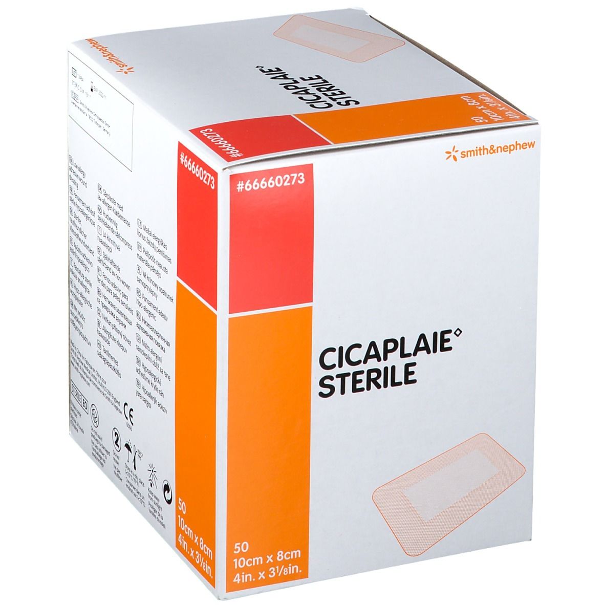 Boîte de CICAPLAIE STERILE. 50 unités, 10cm x 8cm. Marque Smith & Nephew. Image du produit sur l'emballage.