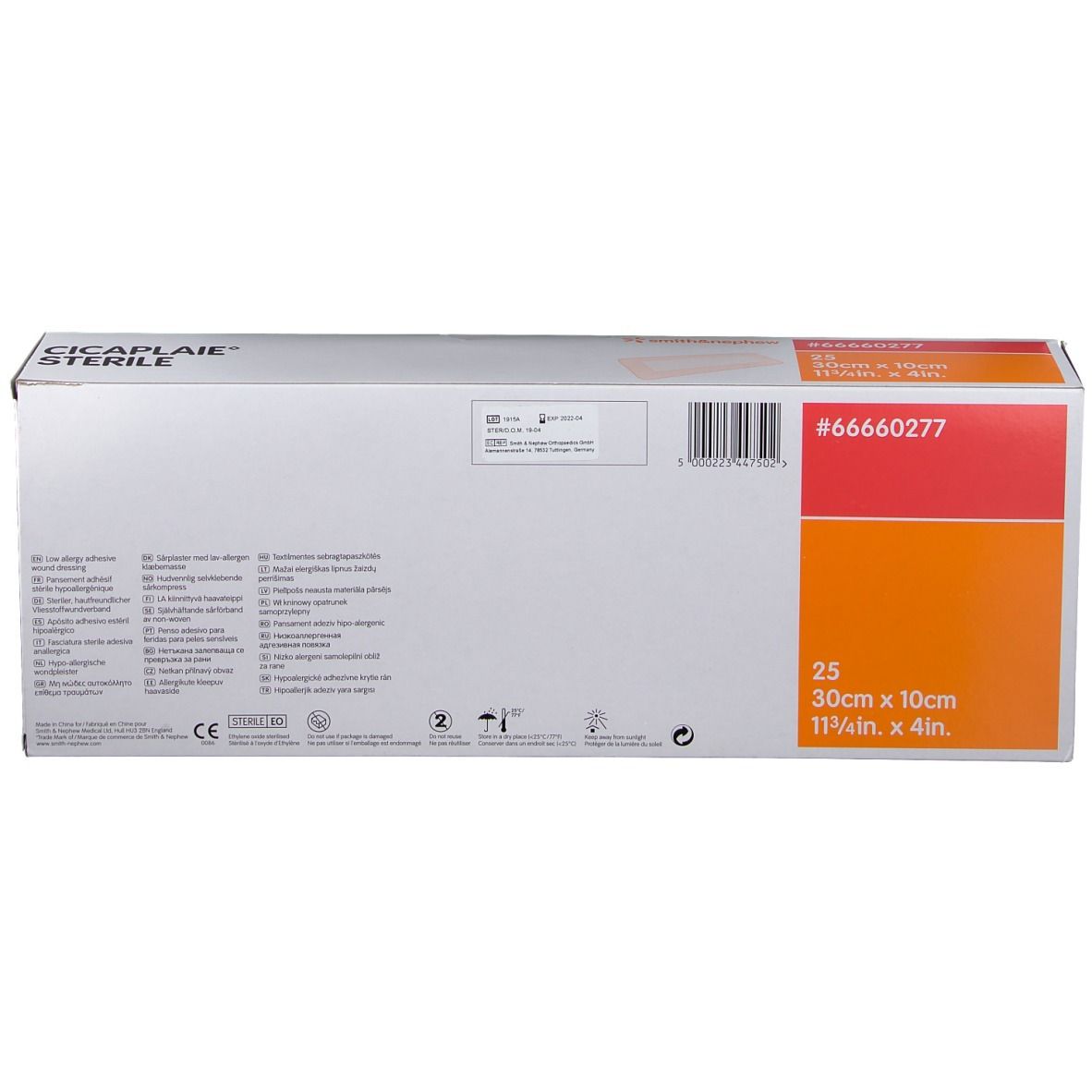 Rückseite der Cicaplaie sterilen Wundverbandpackung mit Produktinformationen und CE-Kennzeichnung.