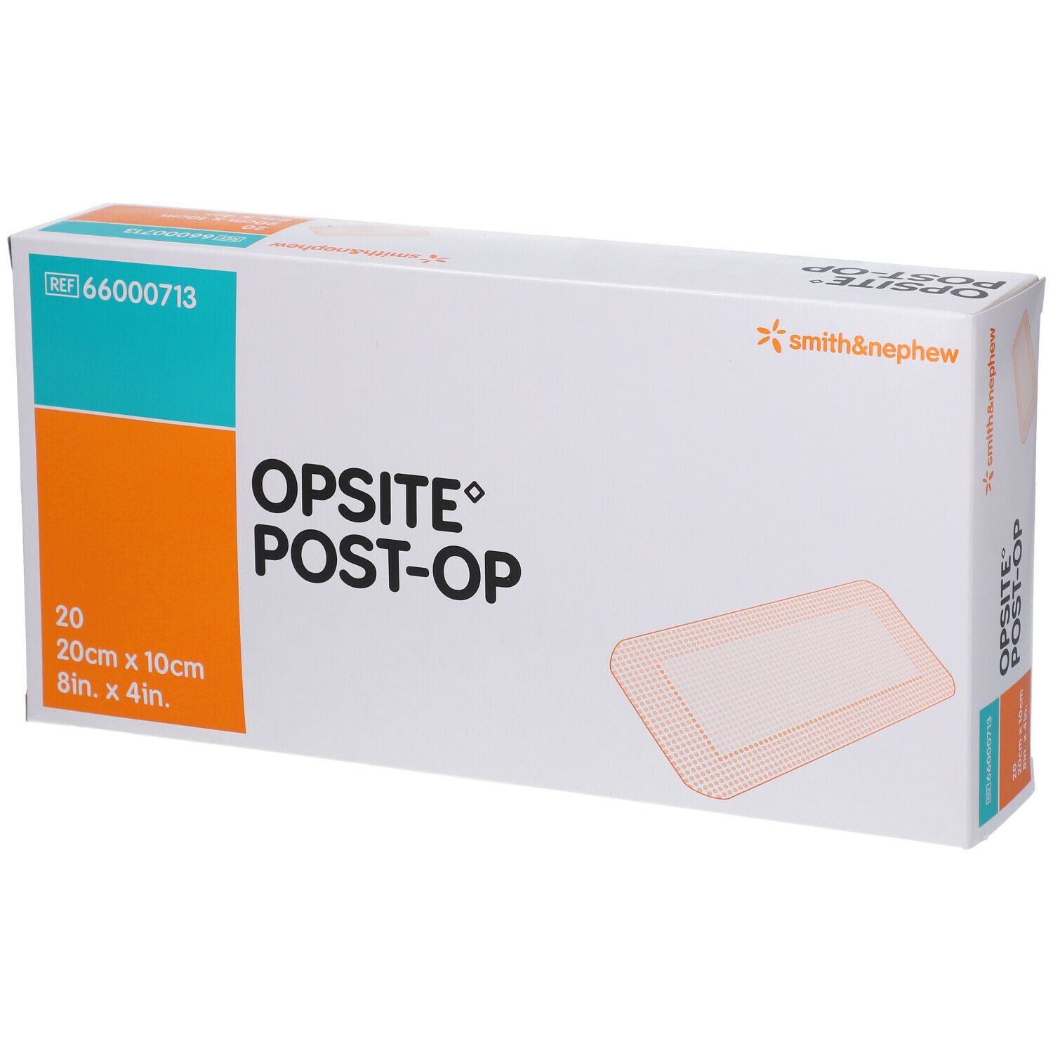 Boîte de pansements OPSITE® Post-Op. Contient 20 unités, 20cm x 10cm. Marque Smith & Nephew.