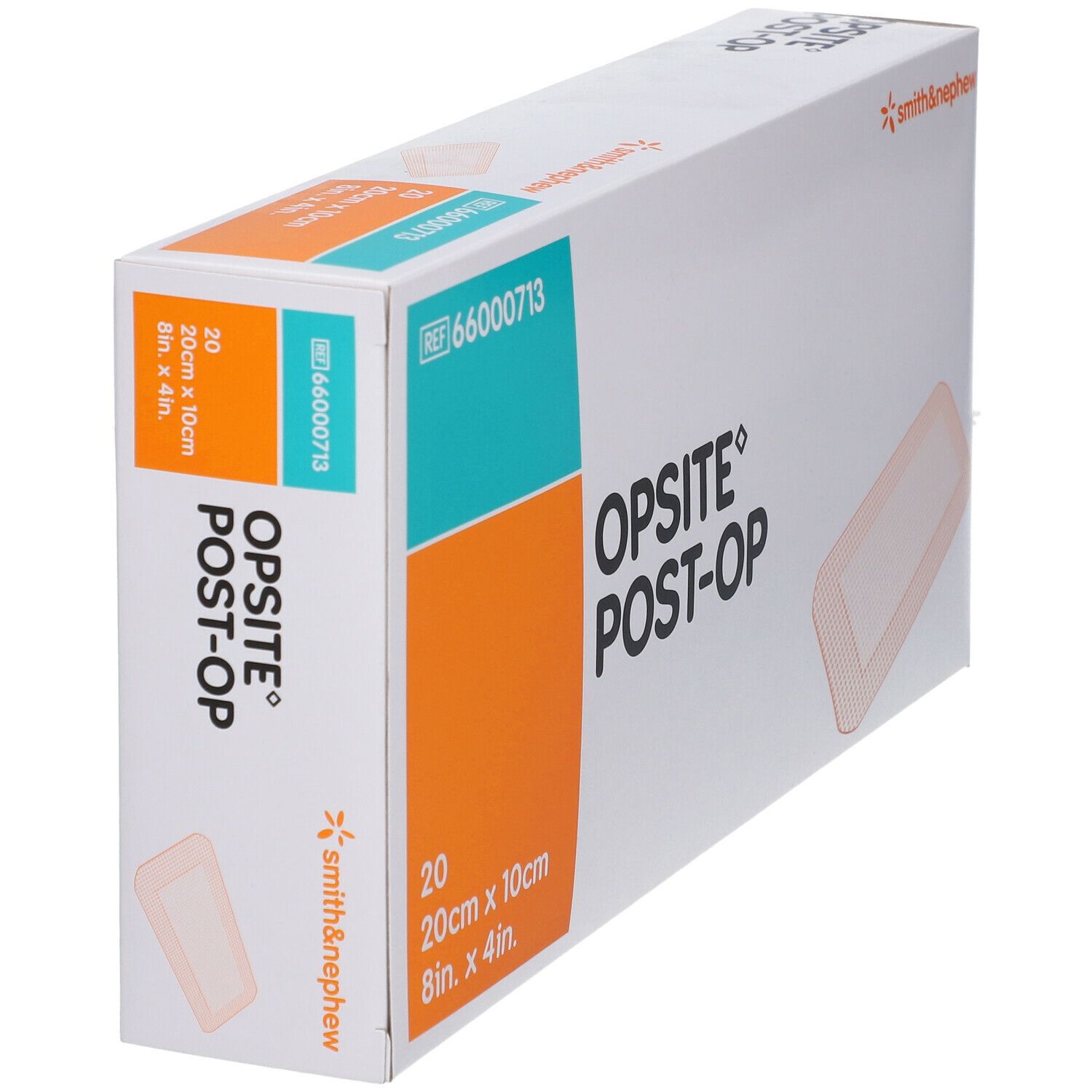 Boîte OPSITE® Post-Op en perspective. Contient 20 unités, 20cm x 10cm. Marque Smith & Nephew.