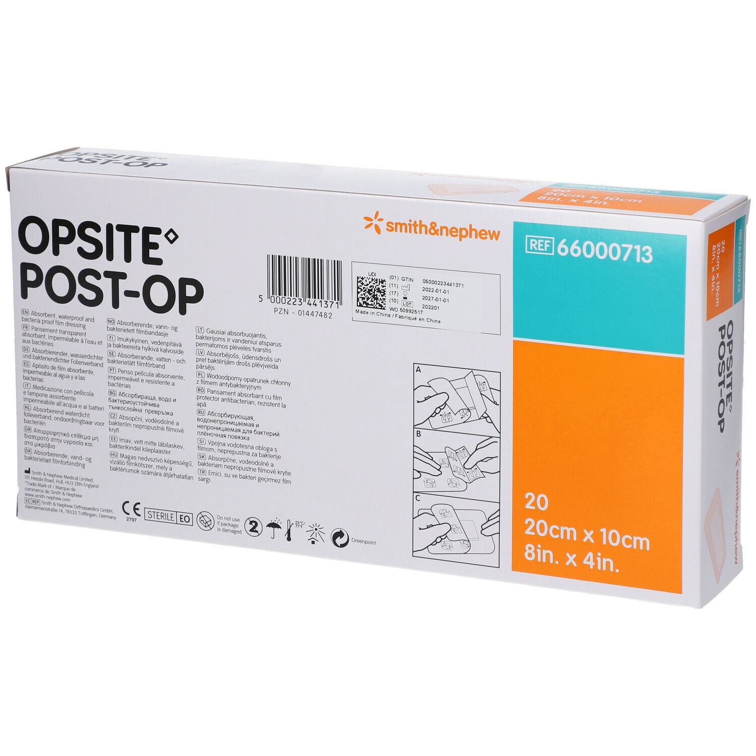 Dos de la boîte OPSITE® Post-Op. Contient 20 unités, 20cm x 10cm. Marque Smith & Nephew.