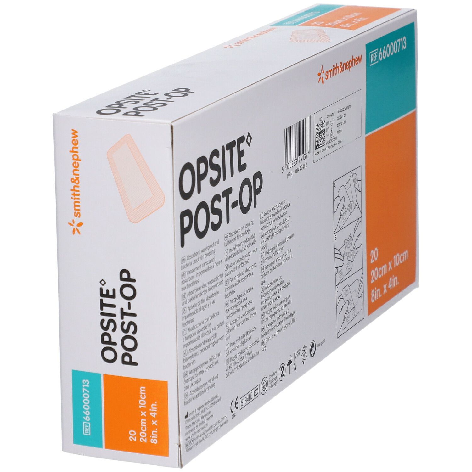 Boîte OPSITE® Post-Op en perspective. Contient 20 unités, 20cm x 10cm. Marque Smith & Nephew.
