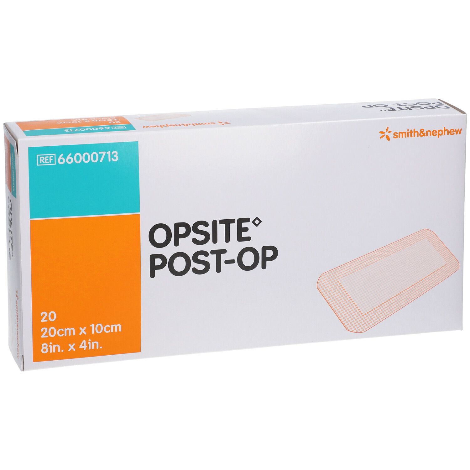 Boîte de pansements OPSITE® Post-Op. Contient 20 unités, 20cm x 10cm. Marque Smith & Nephew.