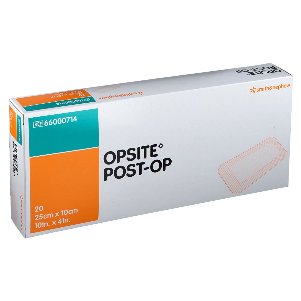 Boîte de pansements OPSITE® Post-Op. Dimensions : 25x10cm. Contient 20 unités. Marque : Smith & Nephew.