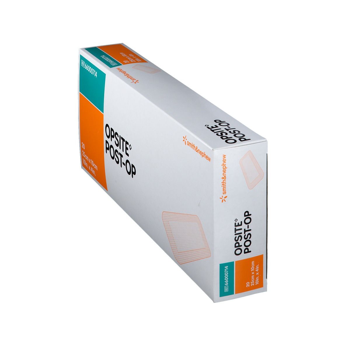 Boîte de pansements OPSITE® Post-Op en biais. Dimensions : 25x10cm. Marque : Smith & Nephew.