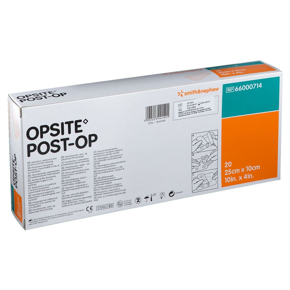 Boîte de pansements OPSITE® Post-Op. Dimensions : 25x10cm. Contient 20. Marque : Smith & Nephew. Pictogrammes.