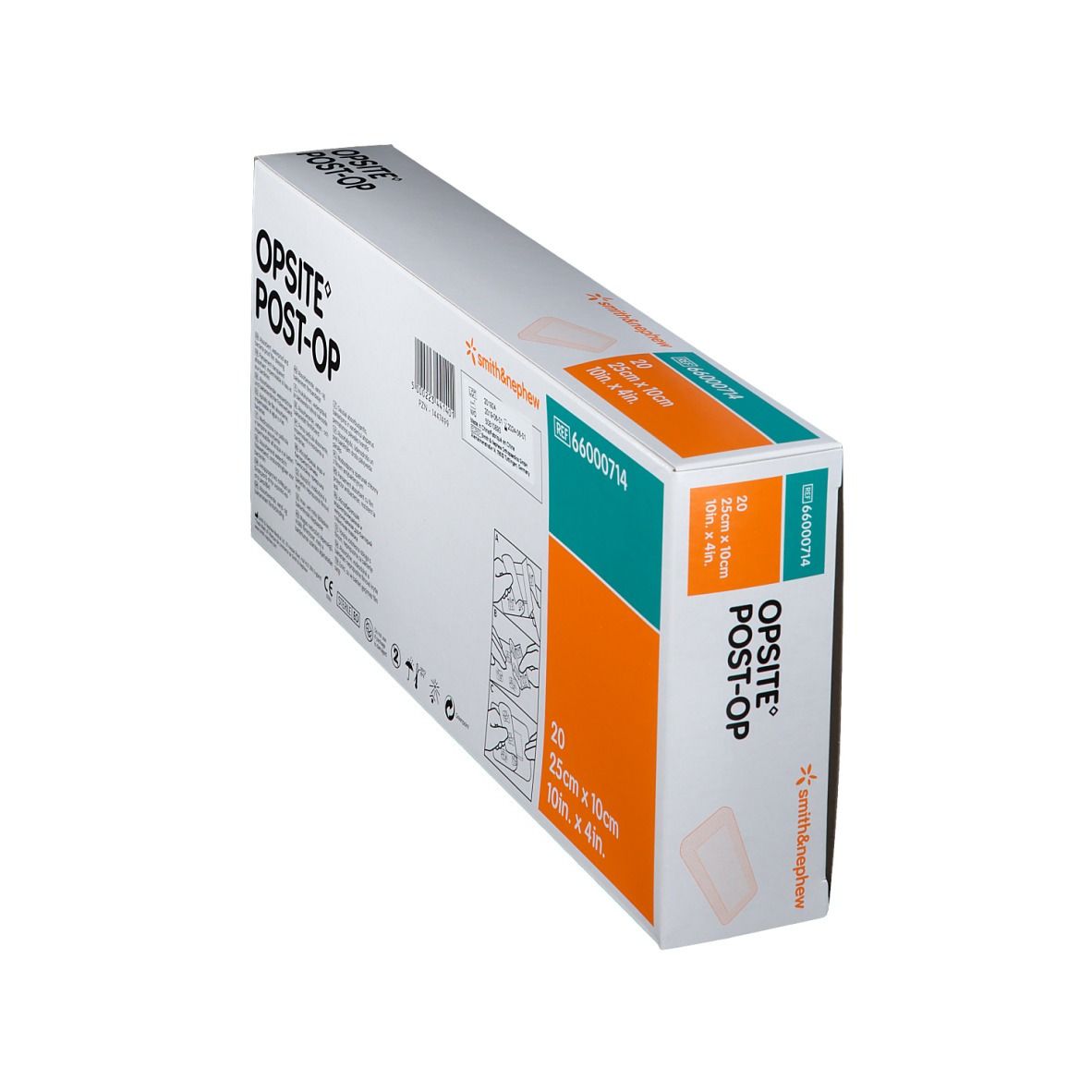 Boîte de pansements OPSITE® Post-Op en biais. Dimensions : 25x10cm. Marque : Smith & Nephew.