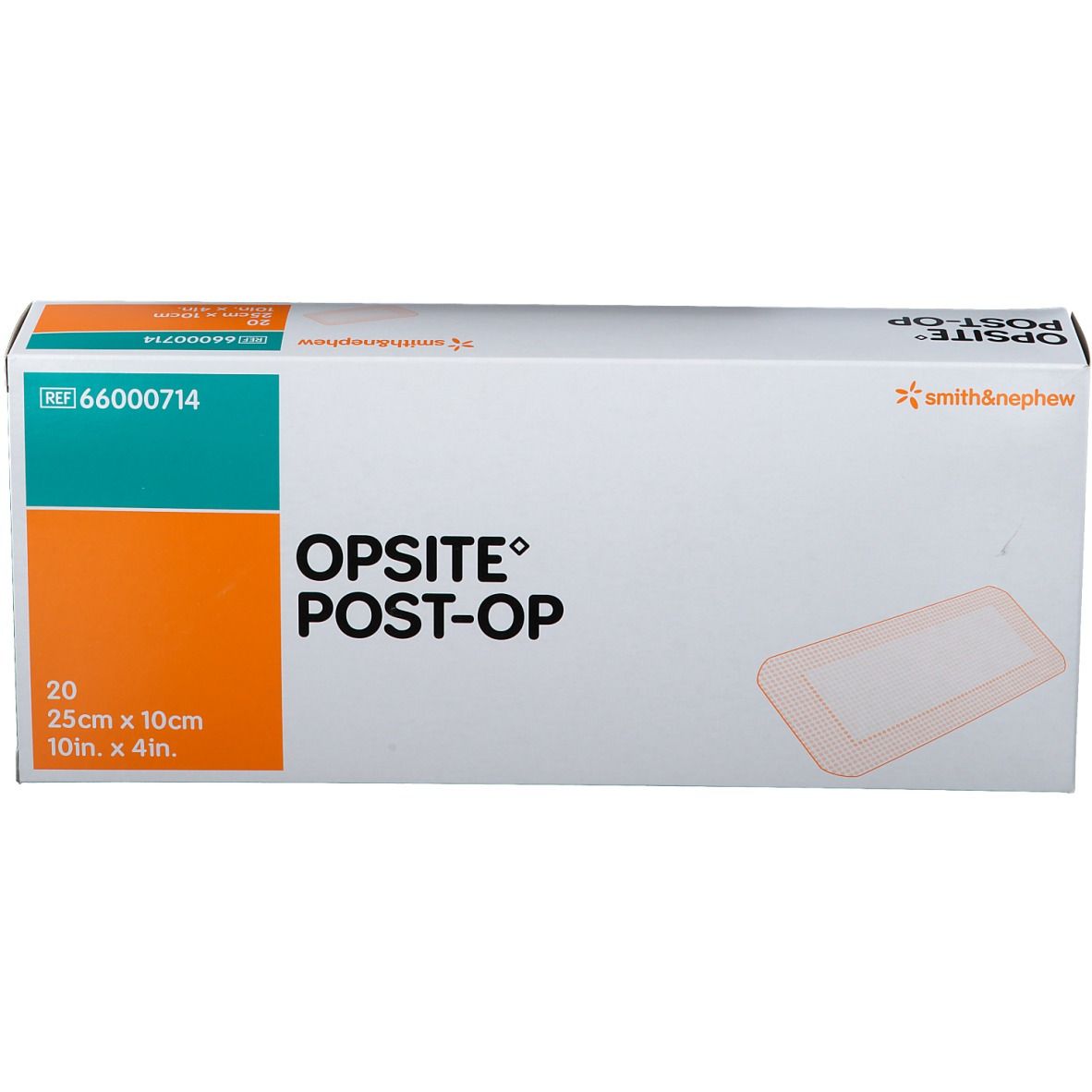 Boîte de pansements OPSITE® Post-Op. Dimensions : 25x10cm. Contient 20. Marque : Smith & Nephew.
