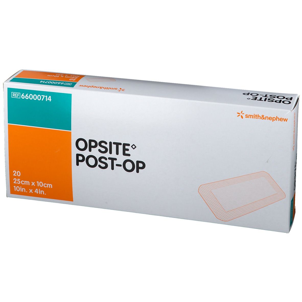 Boîte de pansements OPSITE® Post-Op. Dimensions : 25x10cm. Contient 20. Marque : Smith & Nephew.