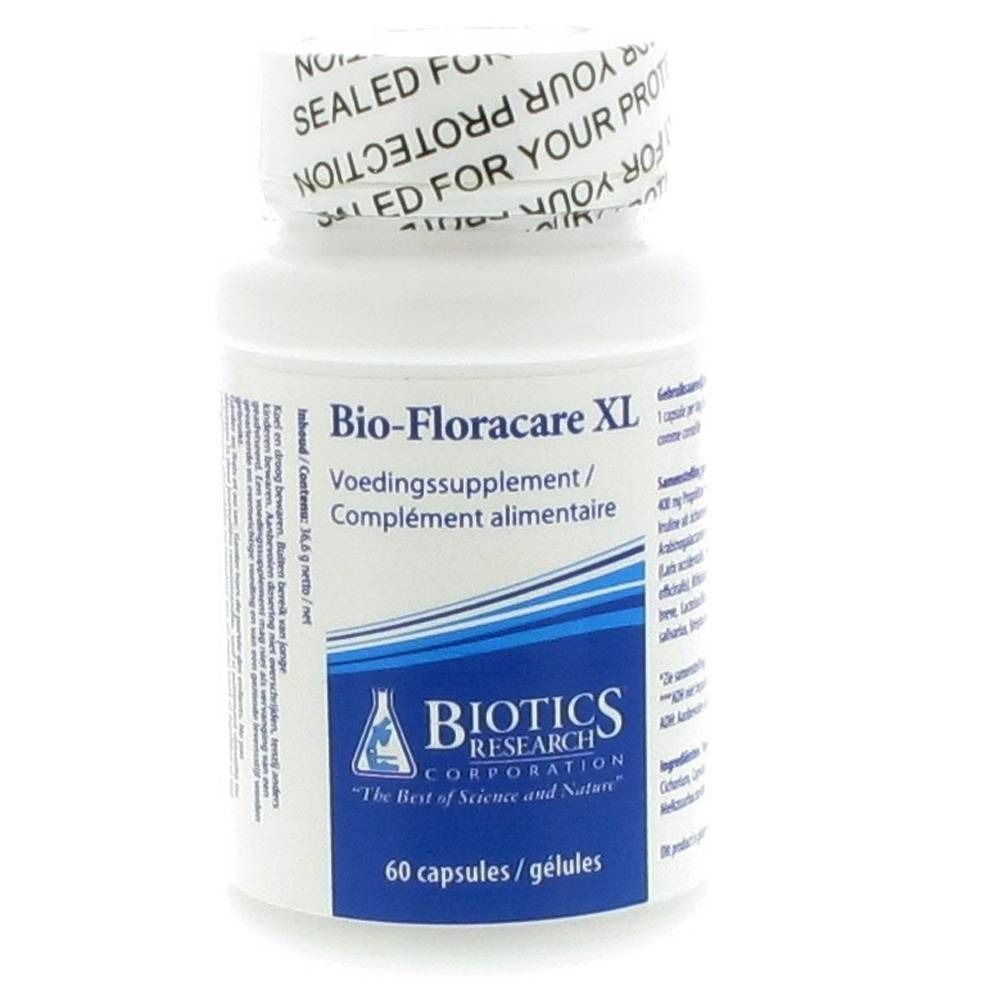 Flacon blanc avec inscription Bio-Floracare XL. Contient 60 gélules. Marque : Biotics Research.