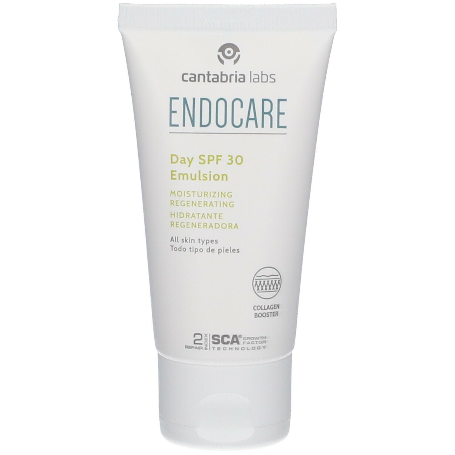 Tubo bianco con testo verde: ENDOCARE Day SPF 30 Emulsion. Contiene Collagen Booster e SCA 2. Per tutti i tipi di pelle.