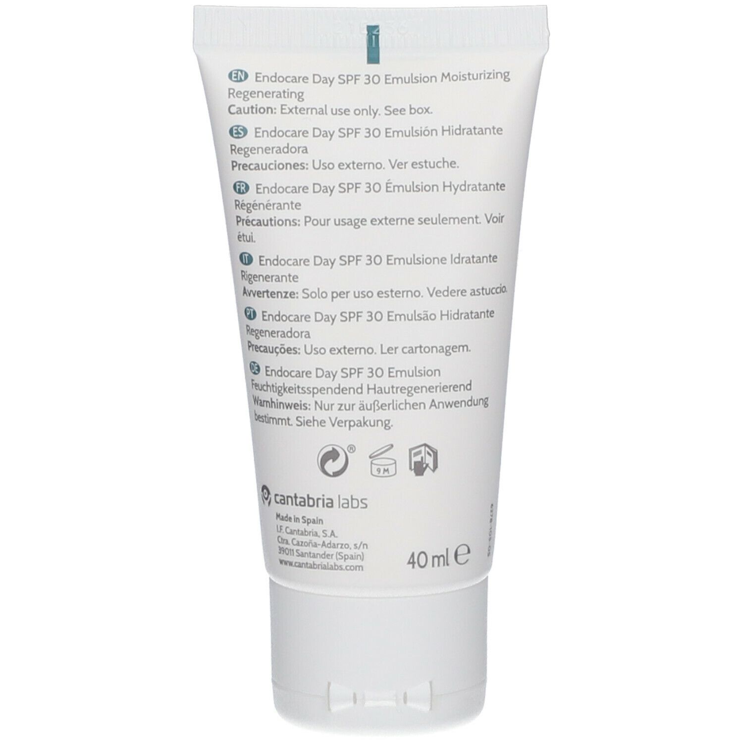 Retro di un tubo bianco. Testo multilingue: ENDOCARE Day SPF 30 Emulsion. 40 ml. Produttore: Cantabria Labs.