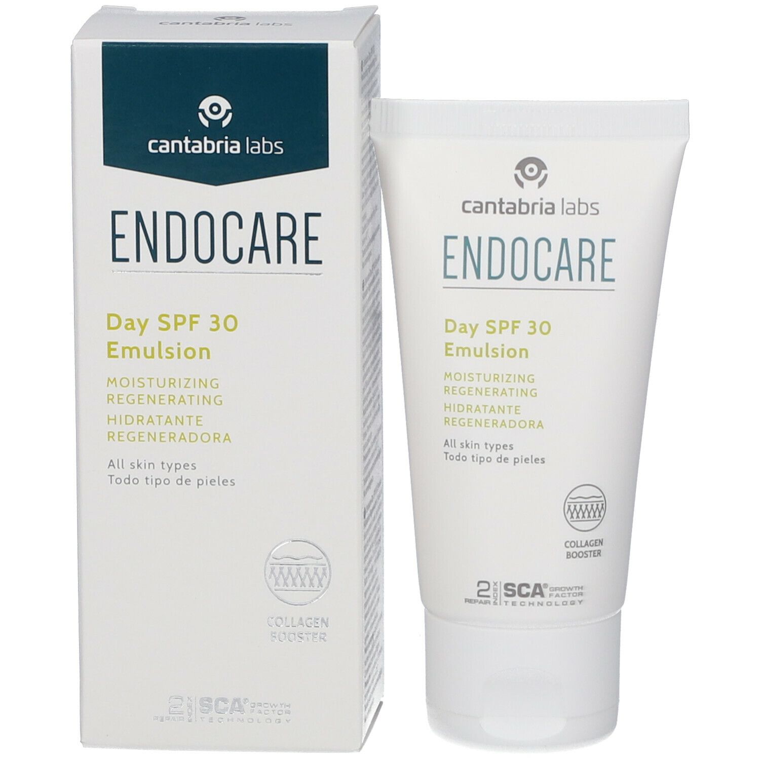 Confezione del prodotto: tubo e scatola. Tubo: ENDOCARE Day SPF 30 Emulsion. Scatola: ENDOCARE. Collagen Booster e SCA 2.