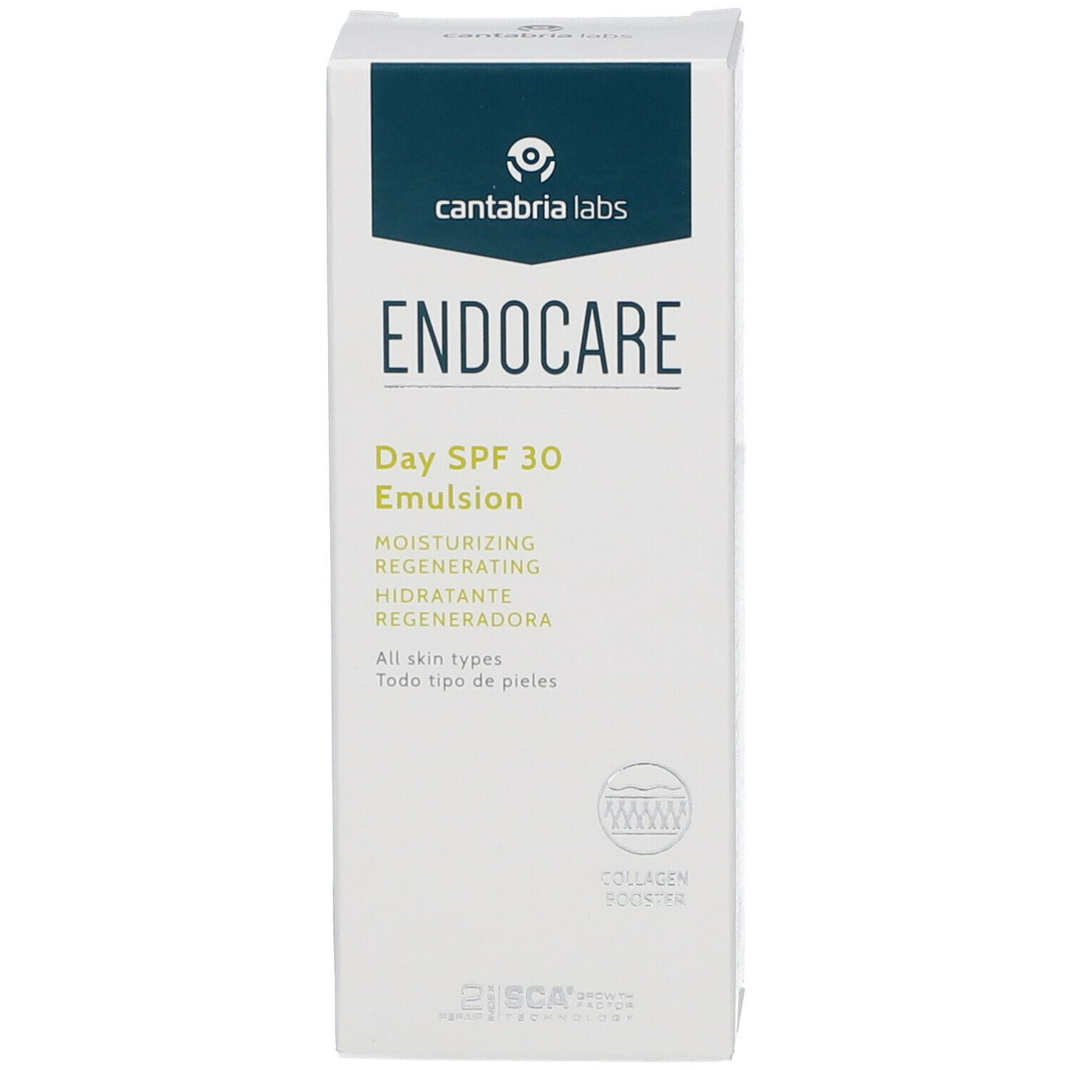 Confezione bianca del prodotto. Testo: ENDOCARE Day SPF 30 Emulsion. Per tutti i tipi di pelle. Collagen Booster e SCA 2.