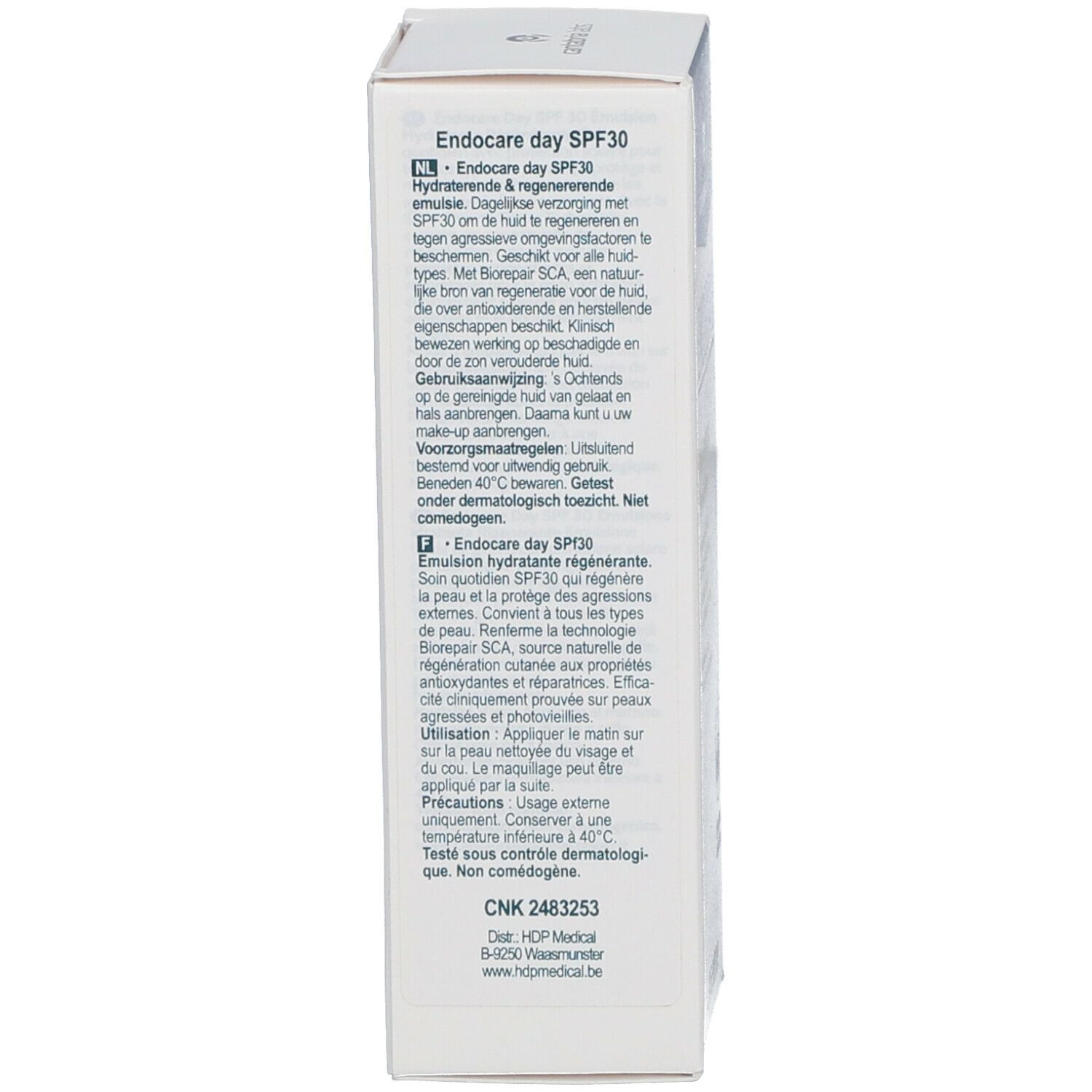 Retro della confezione del prodotto. Testo in olandese e francese: ENDOCARE Day SPF30 Emulsion. Istruzioni per l'uso.