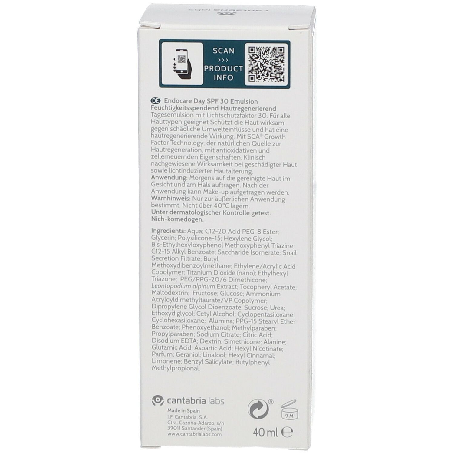 Retro della confezione del prodotto. Testo multilingue: ENDOCARE Day SPF30 Emulsion. Ingredienti, informazioni produttore.