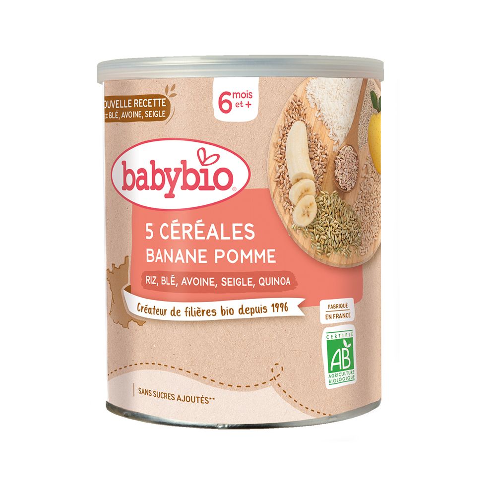 Boîte de céréales babybio. 5 céréales, banane, pomme. Label AB bio. 6+ mois. Sans sucres ajoutés.