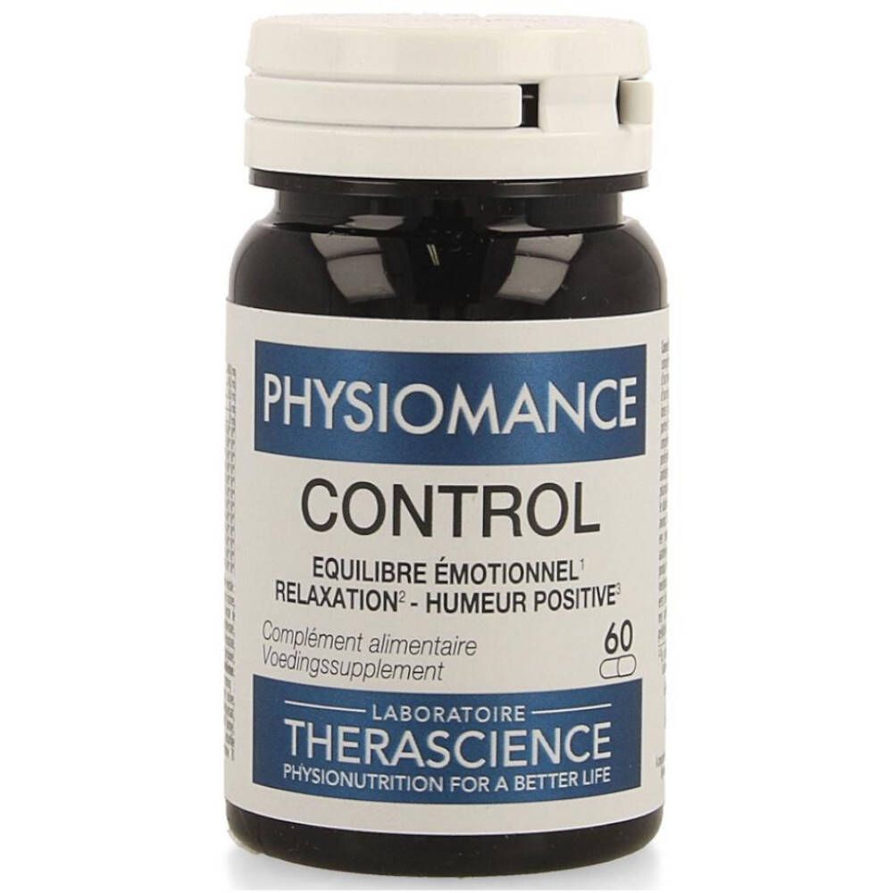 Flacon noir avec bouchon blanc. Inscription: Physiomance Control, 60 gélules. Laboratoire Therascience.