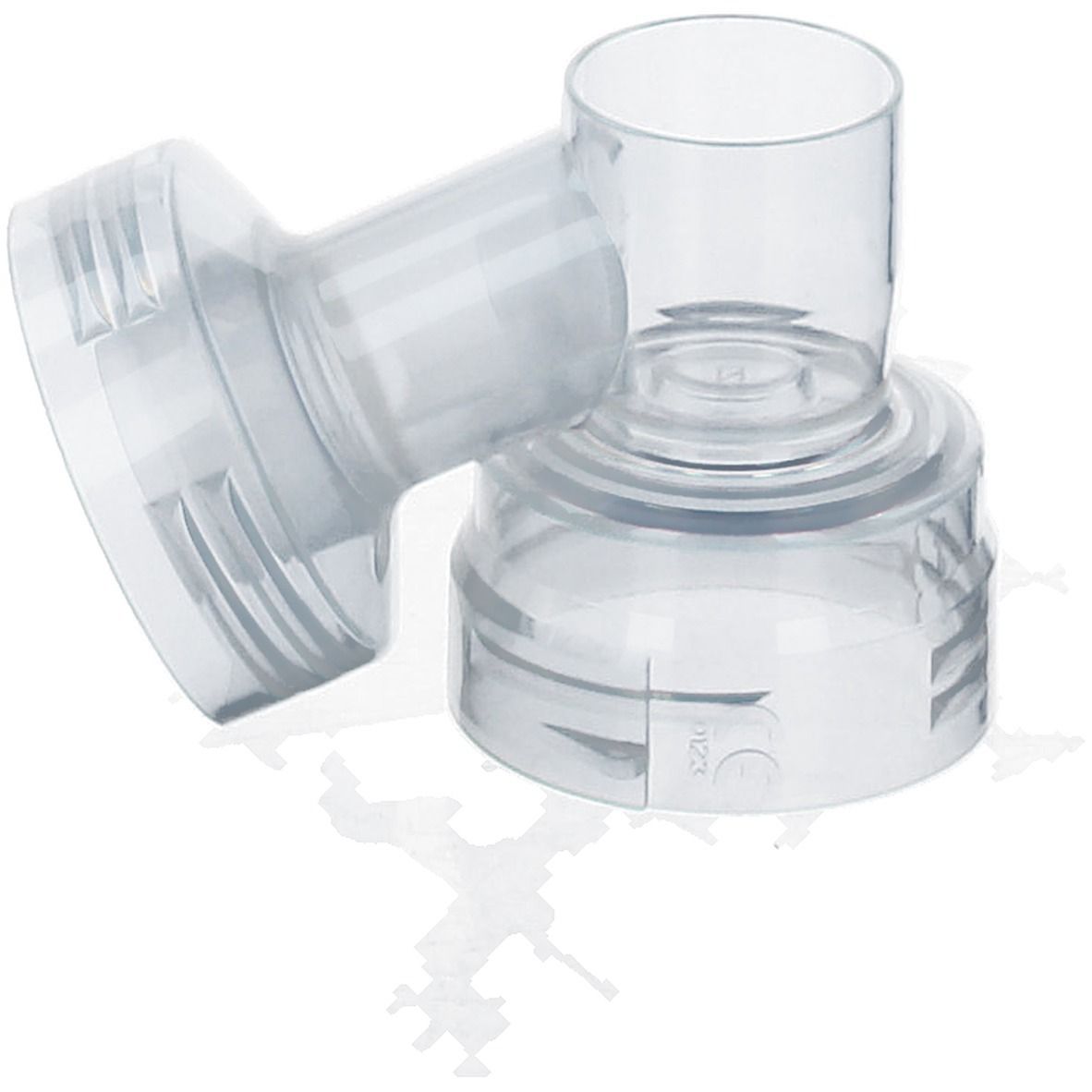 Connecteur en plastique transparent. Raccord cylindrique, entonnoir coudé. Surface cannelée. Pour usage médical.