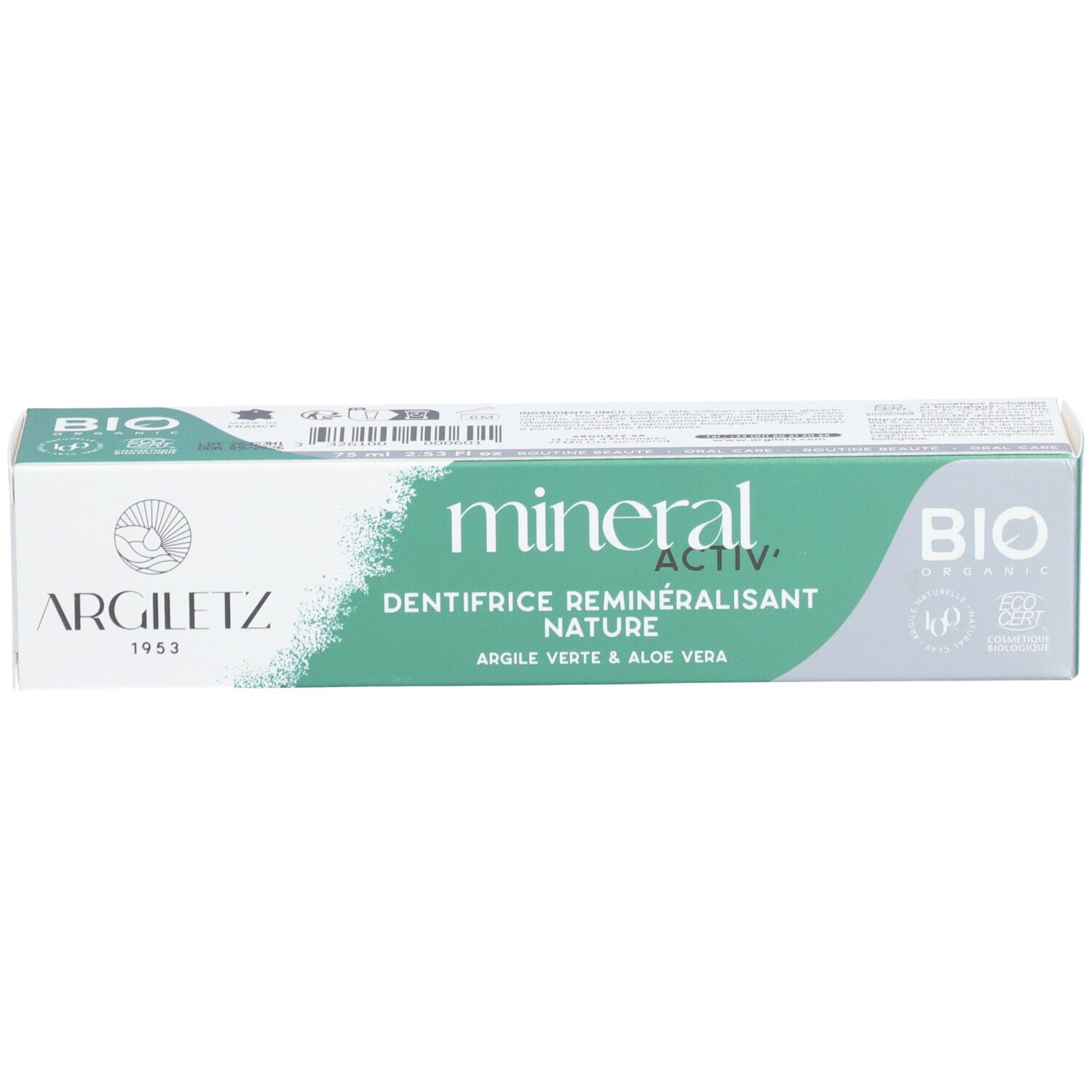 Zahncreme-Schachtel, grün-weiß. Aufschrift: mineral activ, Dentifrice Reminéralisant Nature, Argile Verte & Aloe Vera. Bio-Siegel.