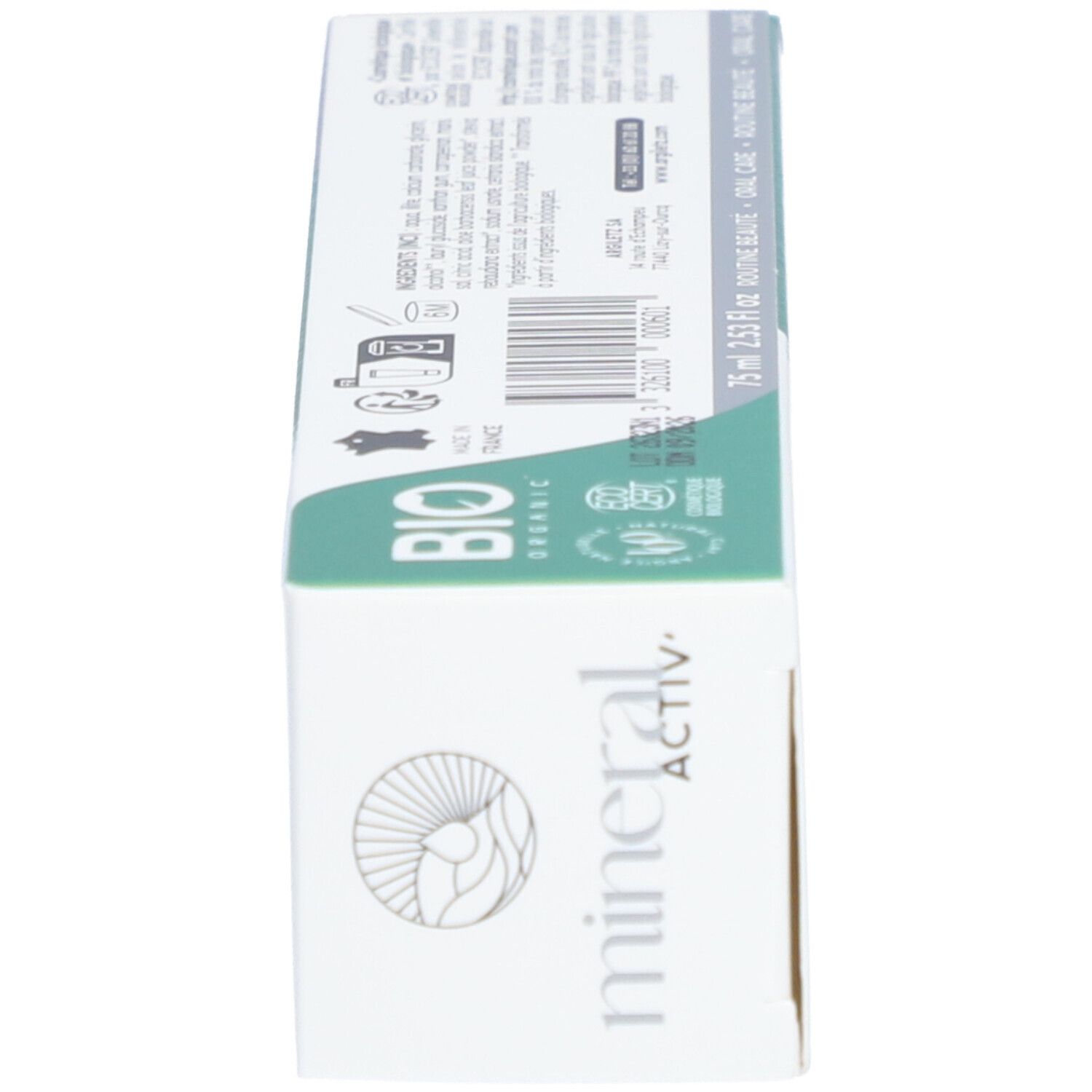 Zahncreme-Schachtel, Seitenansicht. Aufschrift: mineral activ, Bio-Siegel. Informationen zu Inhaltsstoffen und Hersteller.